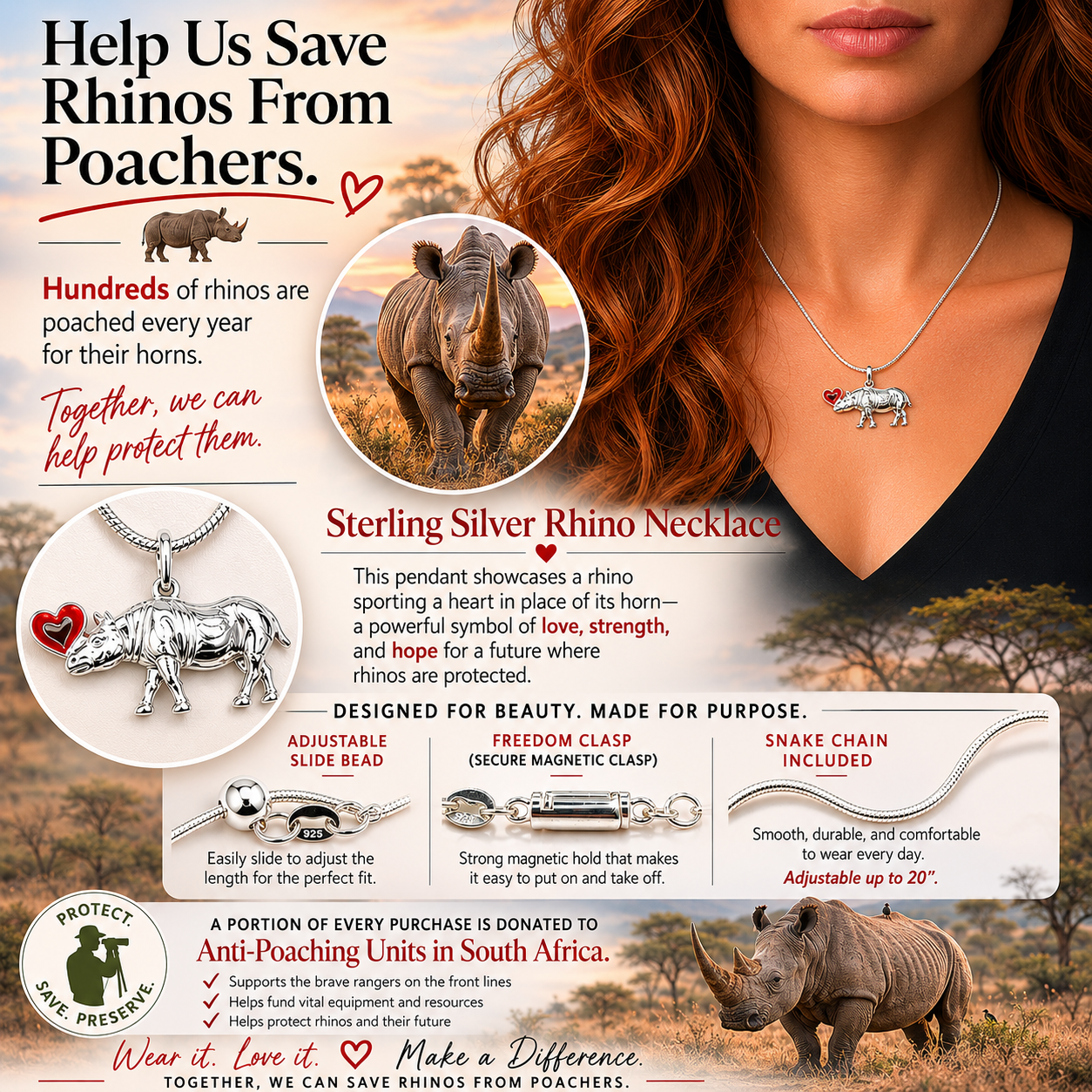 Sterling Silver Rhino Necklace