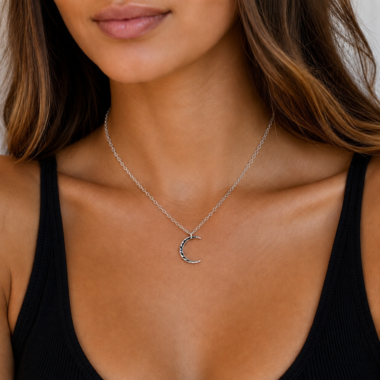 Sterling Silver Hammered Crescent Moon Necklace