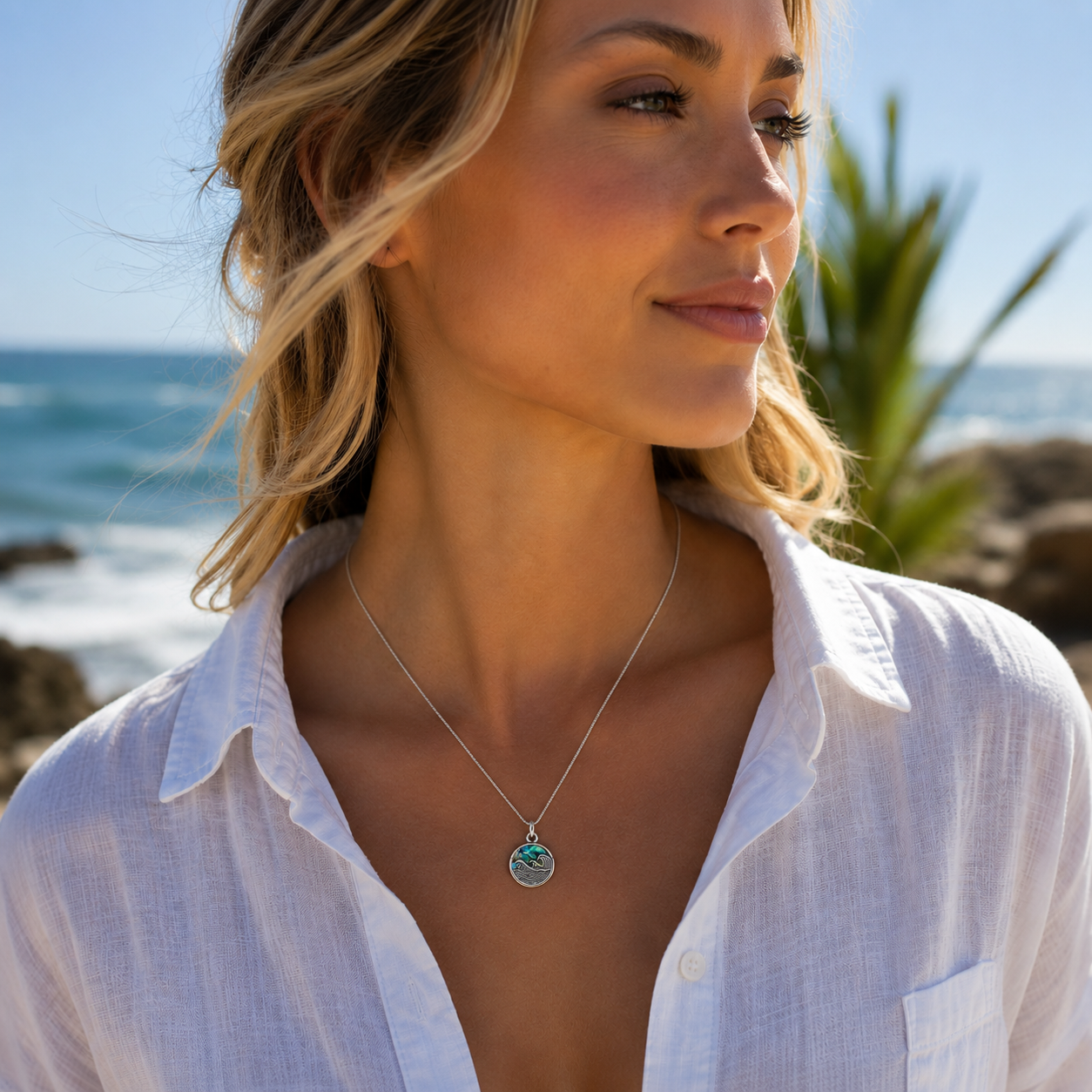Wave Shell Pendant Necklace with Adjustable Snake Chain