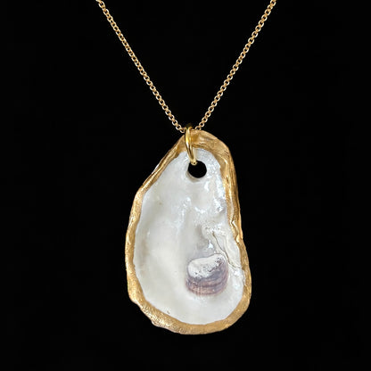 Hand Painted Gilded Oyster Shell Necklace, Adjustable Gold Chain with Freedom Clasp, Coastal Beach Jewelry, Nautical Statement Pendant