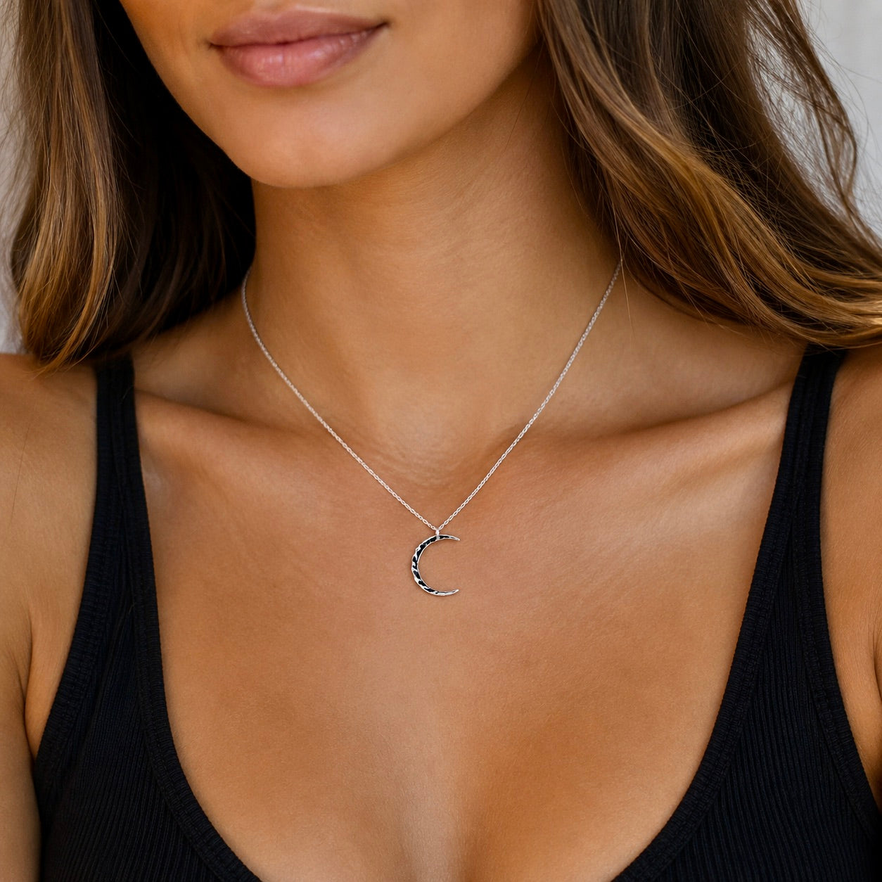 Sterling Silver Hammered Crescent Moon Necklace