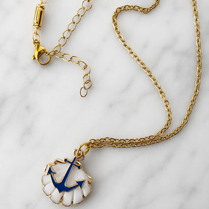 Gold Nautical Shell & Anchor Pendant Necklace with Freedom Clasp