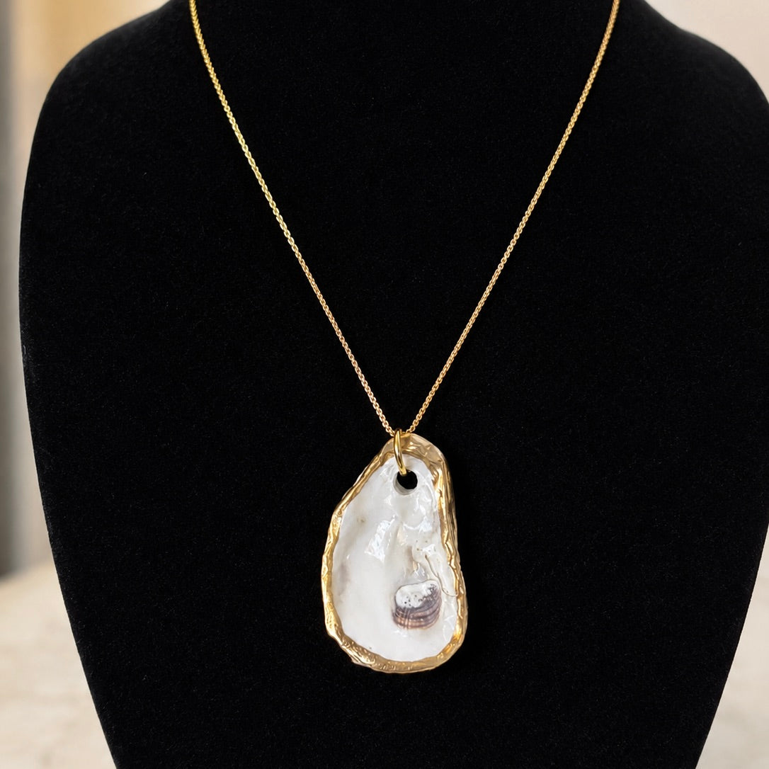 Hand Painted Gilded Oyster Shell Necklace, Adjustable Gold Chain with Freedom Clasp, Coastal Beach Jewelry, Nautical Statement Pendant