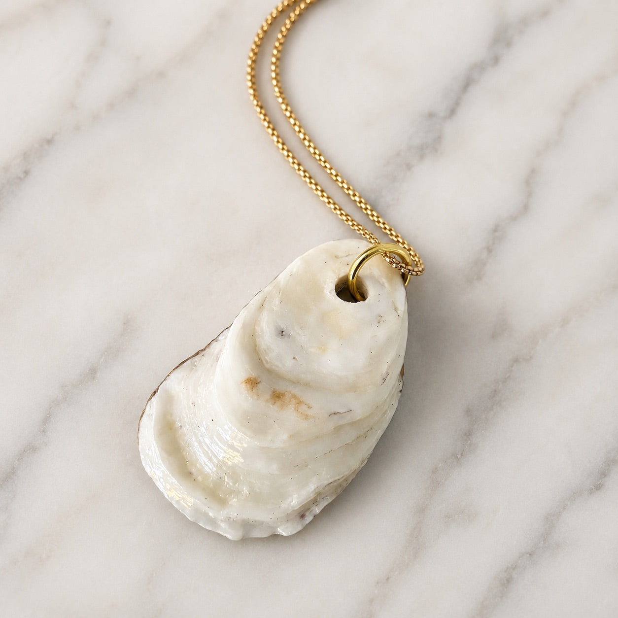 Hand Painted Gilded Oyster Shell Necklace, Adjustable Gold Chain with Freedom Clasp, Coastal Beach Jewelry, Nautical Statement Pendant