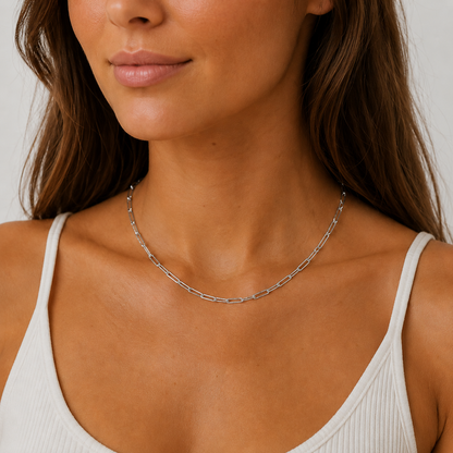 Sterling Silver Hammered Paperclip Chain Necklace (3MM)