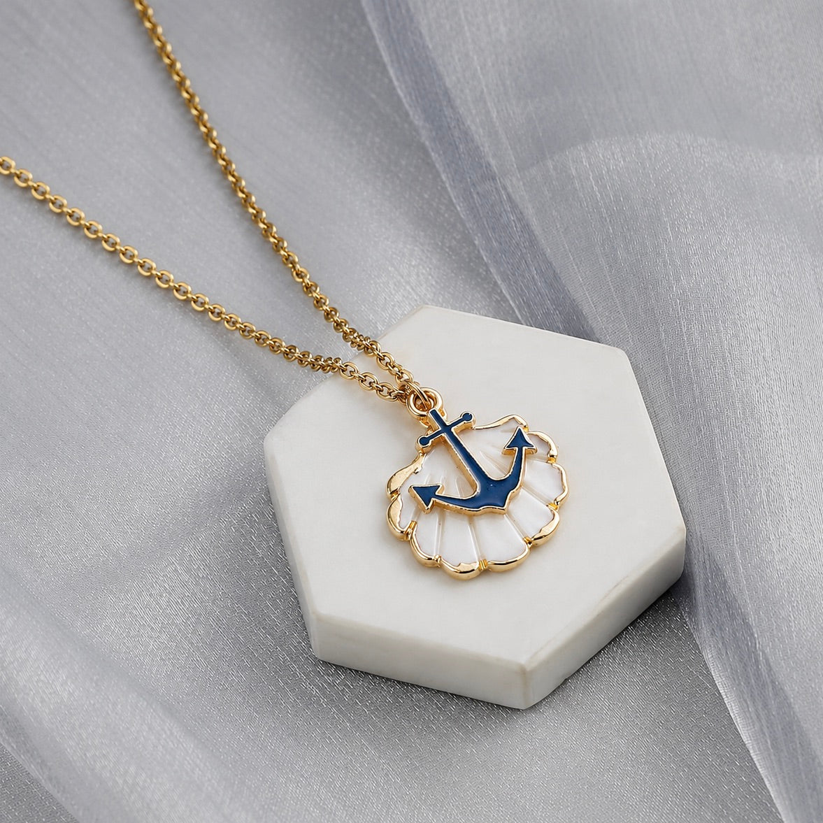 Gold Nautical Shell & Anchor Pendant Necklace with Freedom Clasp