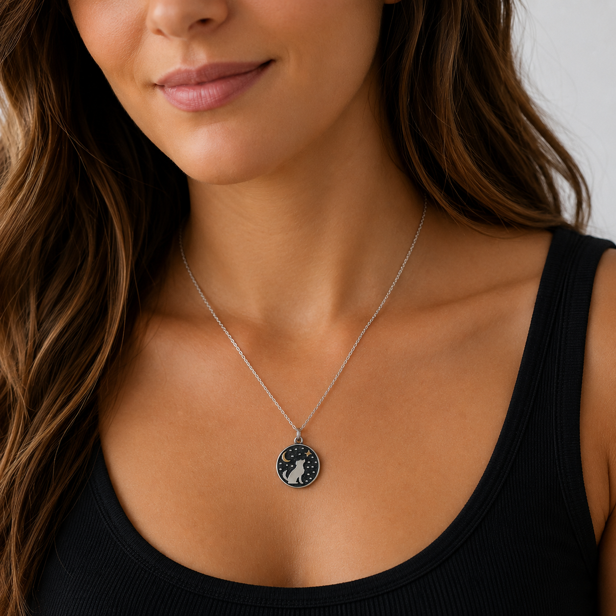 Sterling Silver Dog with Bronze Moon & Star Necklace