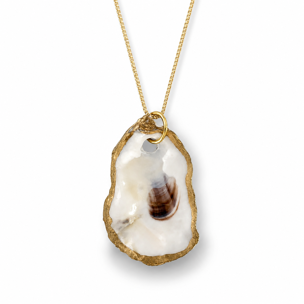 Hand Painted Gilded Oyster Shell Necklace, Adjustable Gold Chain with Freedom Clasp, Coastal Beach Jewelry, Nautical Statement Pendant
