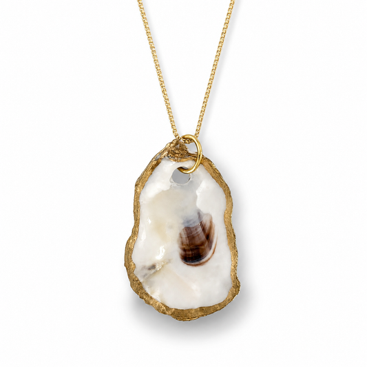 Hand Painted Gilded Oyster Shell Necklace, Adjustable Gold Chain with Freedom Clasp, Coastal Beach Jewelry, Nautical Statement Pendant