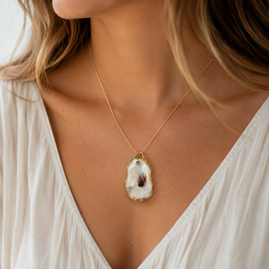 Hand Painted Gilded Oyster Shell Necklace, Adjustable Gold Chain with Freedom Clasp, Coastal Beach Jewelry, Nautical Statement Pendant