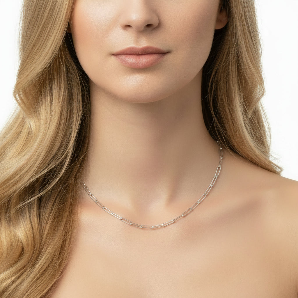 Sterling Silver Hammered Paperclip Chain Necklace (3MM)