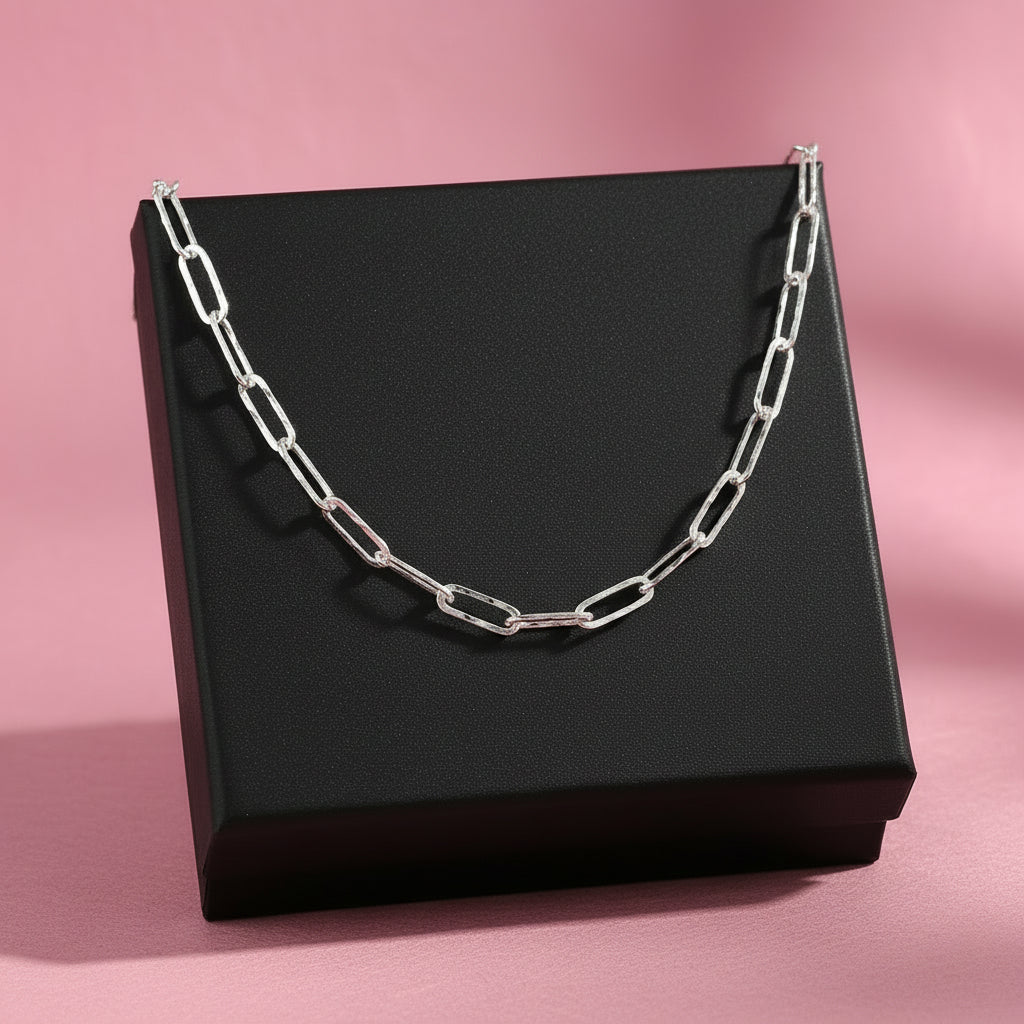 Sterling Silver Hammered Paperclip Chain Necklace (3MM)
